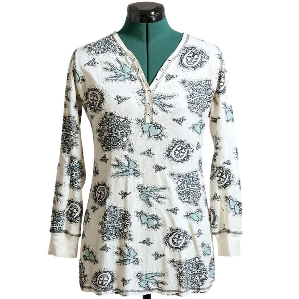 P.J. Salvage Tattoo Print Nightshirt Blue Bird Heart Graphic Sleep Tunic Women M